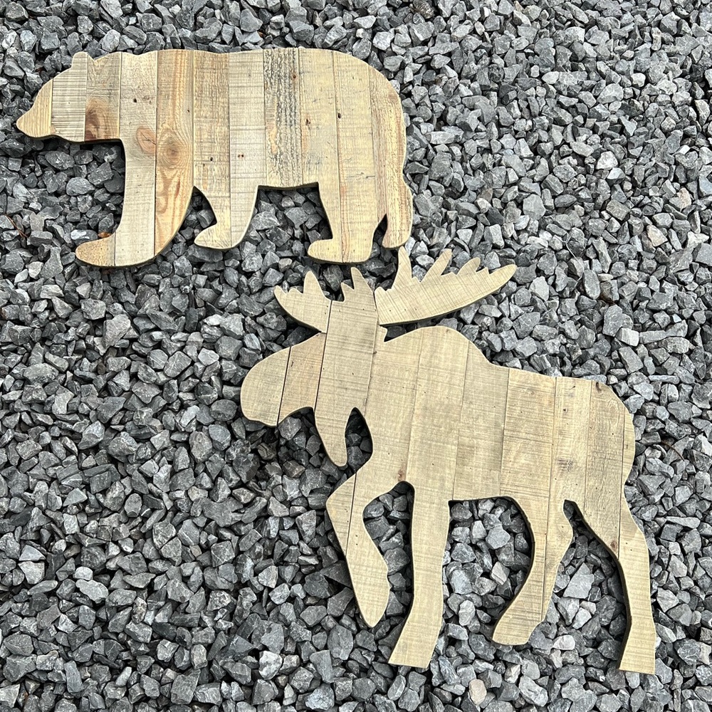 Decorative wooden bear and moose